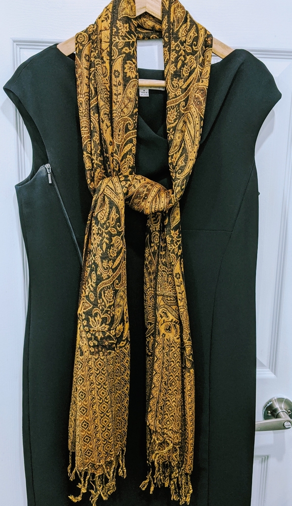Pashmina/Silk Scarf with fringes - Golden/ Black